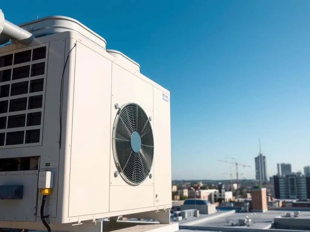 A rooftop commercial air conditioning unit on a building.