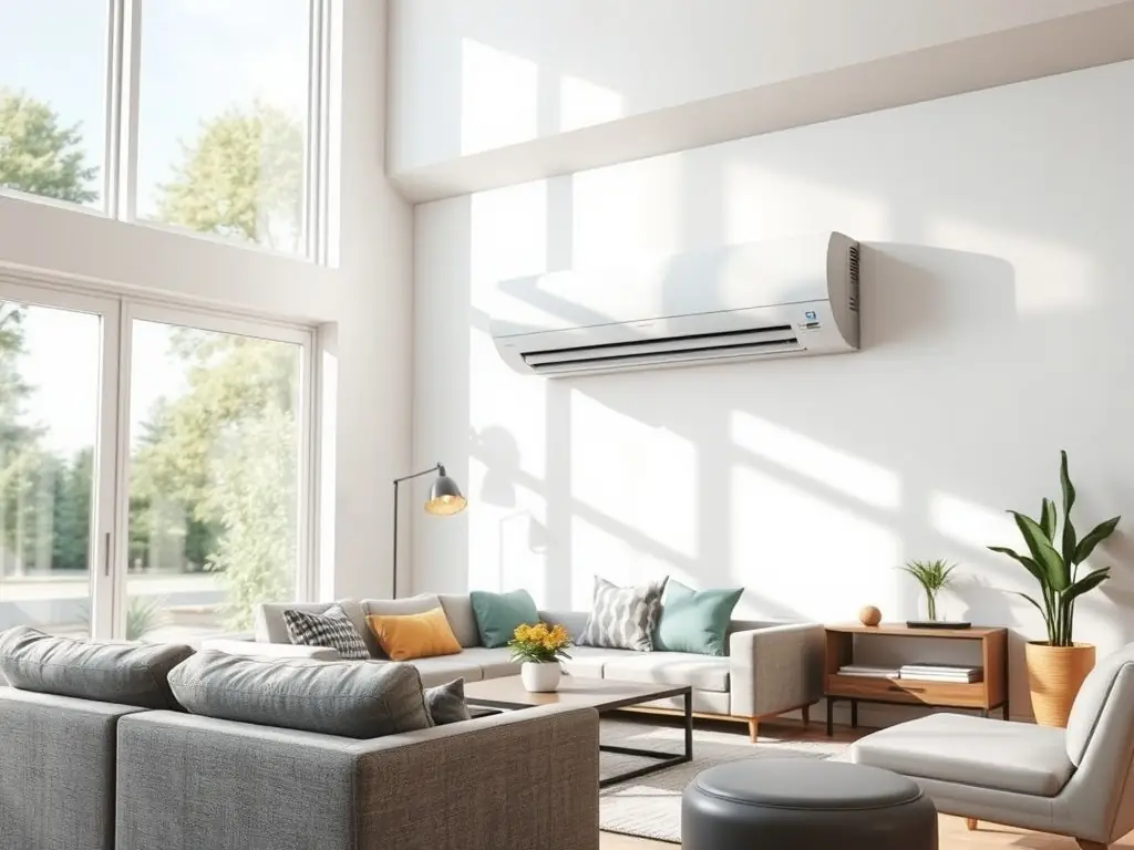 A modern split air conditioning unit in a stylish living room.