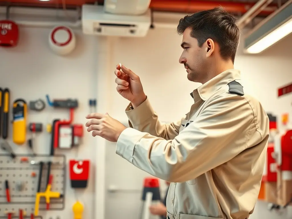 A technician performing routine maintenance on a fire alarm panel, checking the connections and testing the system's functionality.