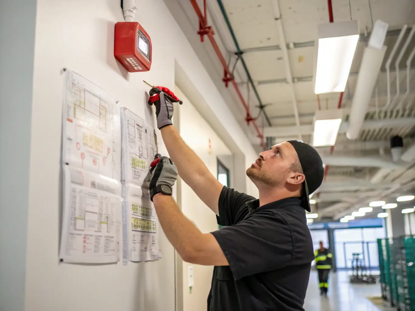 A professional technician installing a new fire alarm system in a commercial building, focusing on the careful wiring and placement of the device.
