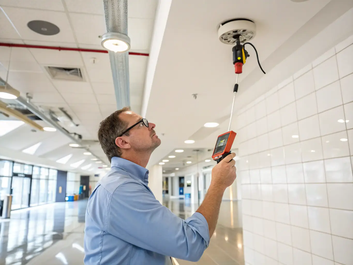 A certified inspector conducting a thorough inspection of a fire alarm system, using specialized equipment to check for compliance and functionality.
